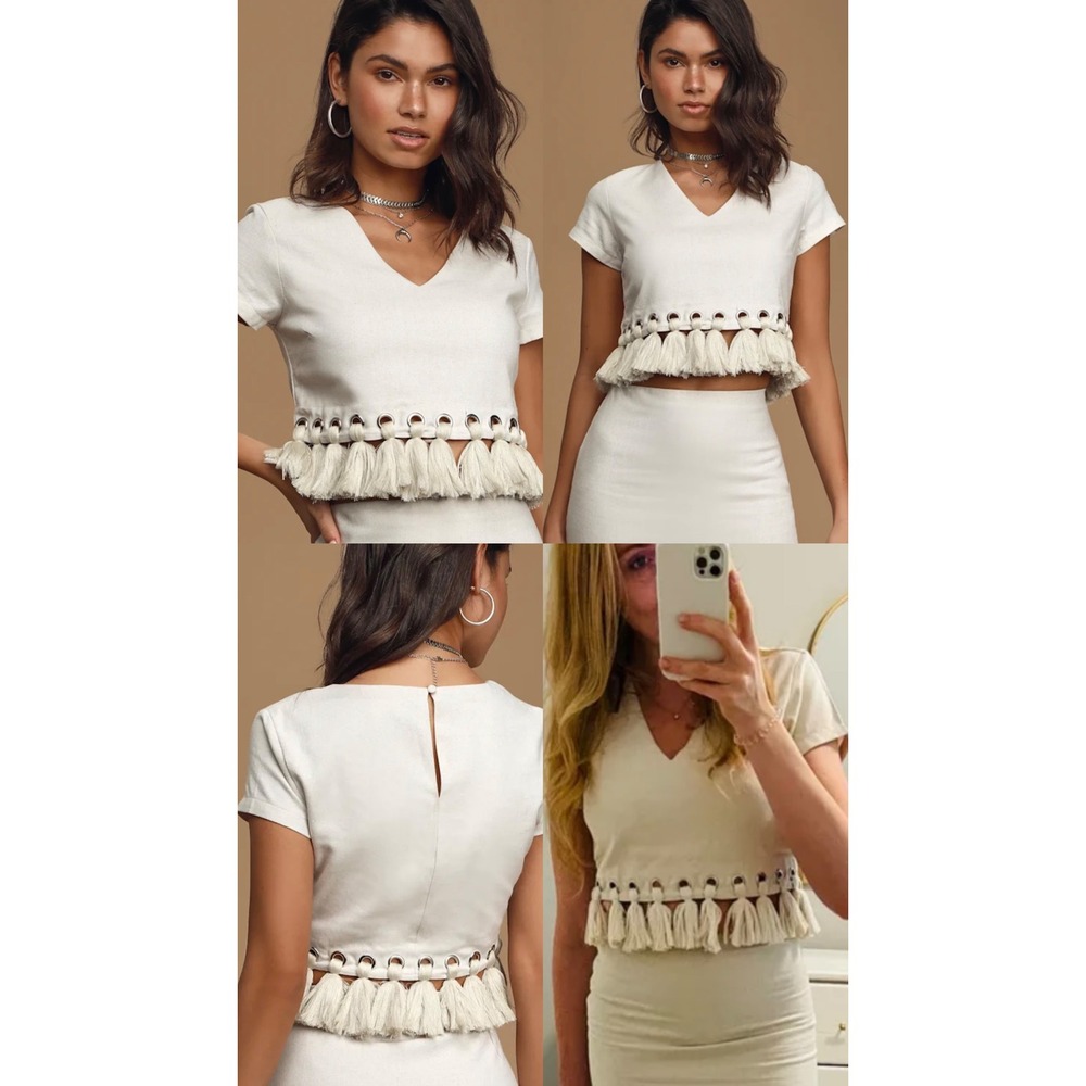 Lulus Womens XS Cream Linen Blend Tassel Fringe Grommet V-Neck Crop Top New